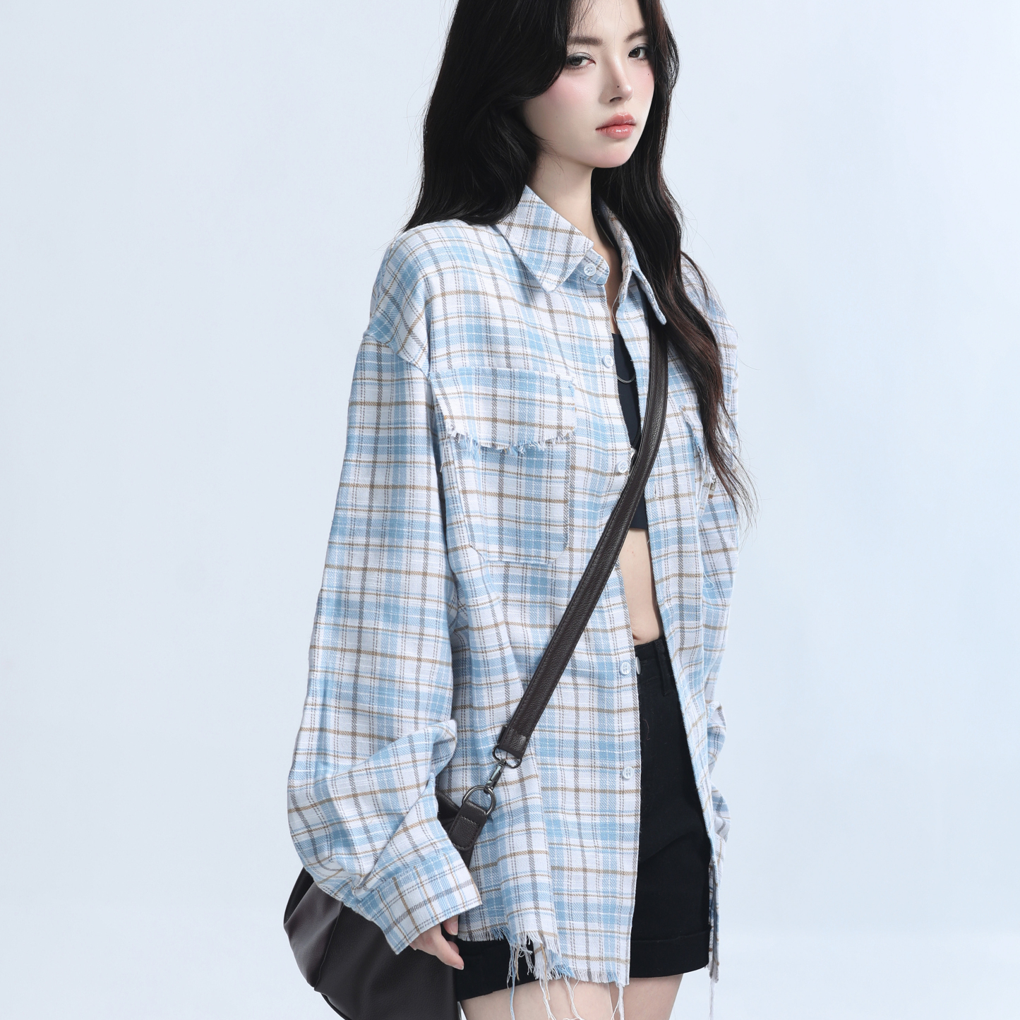 美式復古毛邊格子襯衫女設計感小眾寬鬆休閒襯衣女秋