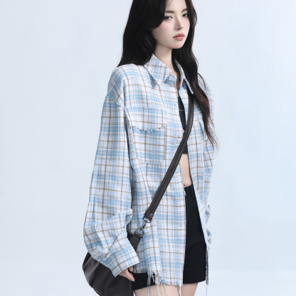 美式復古毛邊格子襯衫女設計感小眾寬鬆休閒襯衣女秋