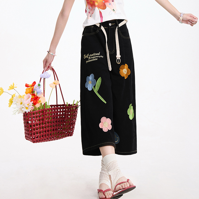花朵刺繡藍色牛仔七分褲女美式復古慵懶小眾直筒夏季短褲