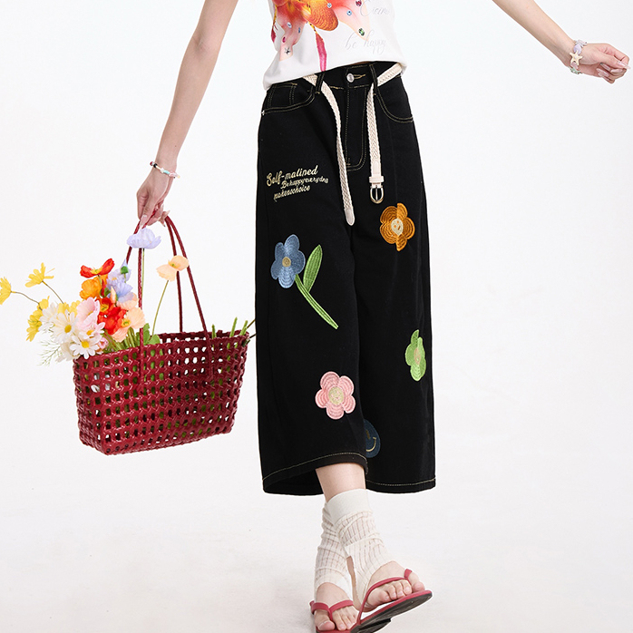 花朵刺繡藍色牛仔七分褲女美式復古慵懶小眾直筒夏季短褲