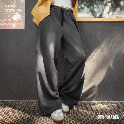 灰色長褲垂感寬鬆純棉鬆緊腰抽繩休閒直筒闊腿衛褲子女士秋冬