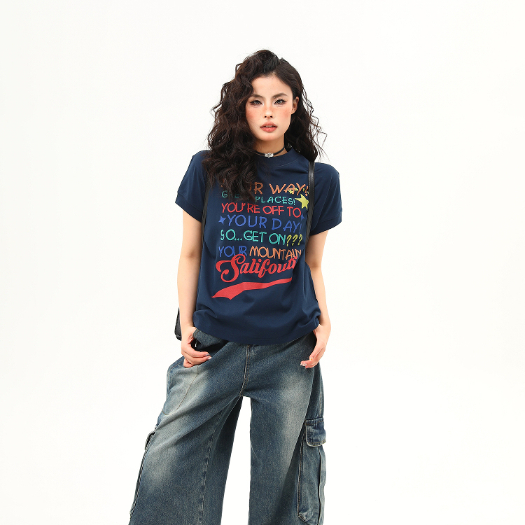 美式復古字母印花圓領正肩T恤女夏季新款休閒百搭短袖