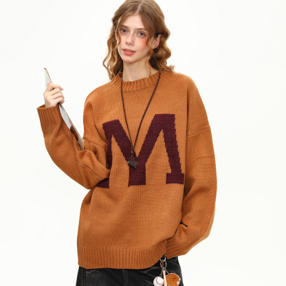 美式復古字母學院風針織衫毛衣女秋冬圓領套頭慵懶風上衣