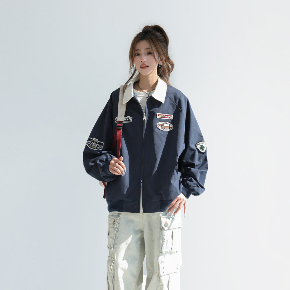 美式慵懶chic韓系外套女春2025新款撞色翻領工裝夾克