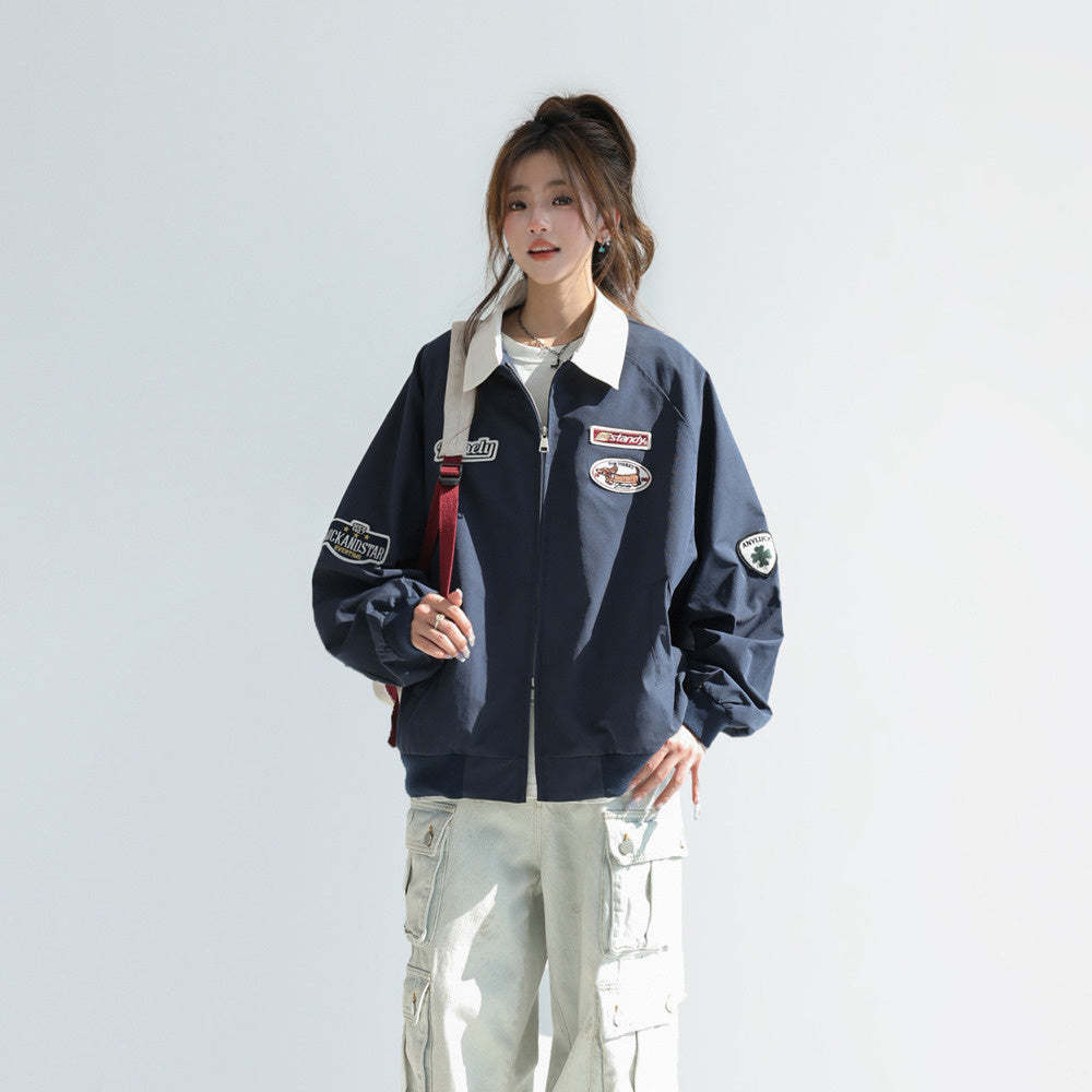 美式慵懶chic韓系外套女春2025新款撞色翻領工裝夾克