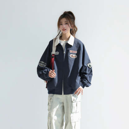 美式慵懶chic韓系外套女春2025新款撞色翻領工裝夾克