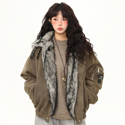 毛領座山雕棉服外套女美式潮牌高級感加厚冬季棉衣新款