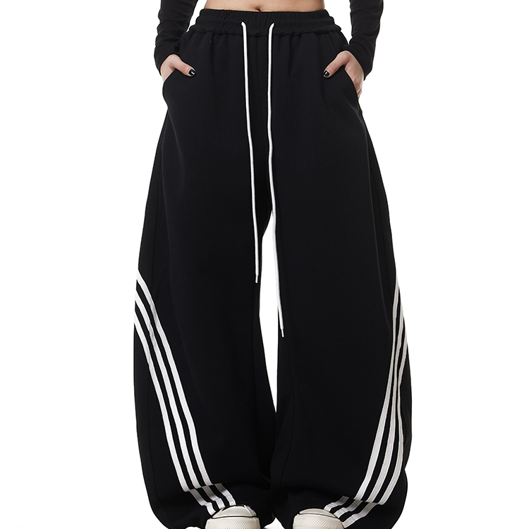 美式復古街頭三條杠闊腿彎刀衛褲加絨寬鬆條紋抽繩爵士舞褲子秋冬