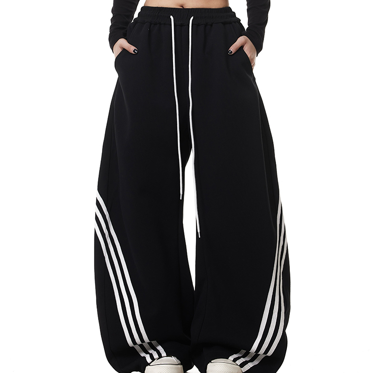 美式復古街頭三條杠闊腿彎刀衛褲加絨寬鬆條紋抽繩爵士舞褲子秋冬