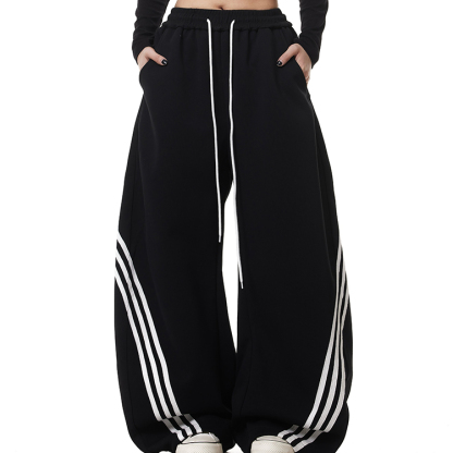 美式復古街頭三條杠闊腿彎刀衛褲加絨寬鬆條紋抽繩爵士舞褲子秋冬