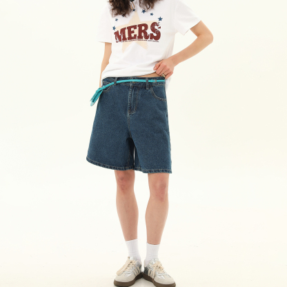 復古後口袋字母刺繡牛仔短褲女夏季中腰休閒闊腿五分褲