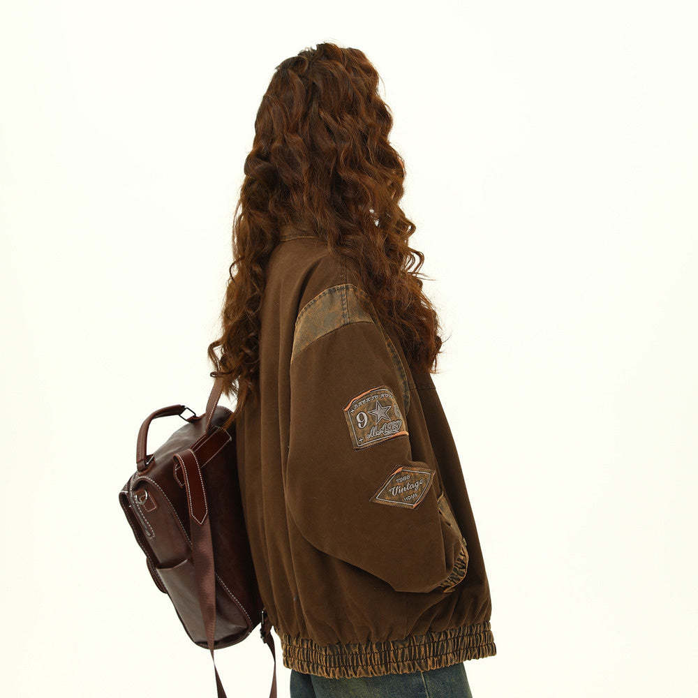 冬季美式復古水洗工裝夾棉外套女美拉德棕色夾克