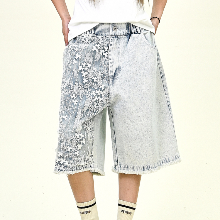 蕾絲拼接毛邊牛仔褲女2025夏季新款寬鬆bf美式高街七分褲