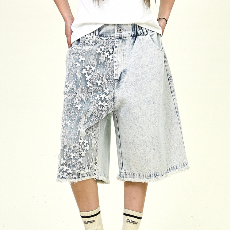 蕾絲拼接毛邊牛仔褲女2025夏季新款寬鬆bf美式高街七分褲