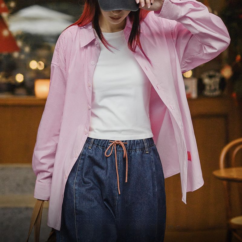 淺春系粉白條紋襯衫慵懶度假風外套微彈鏤空oversize上衣春女