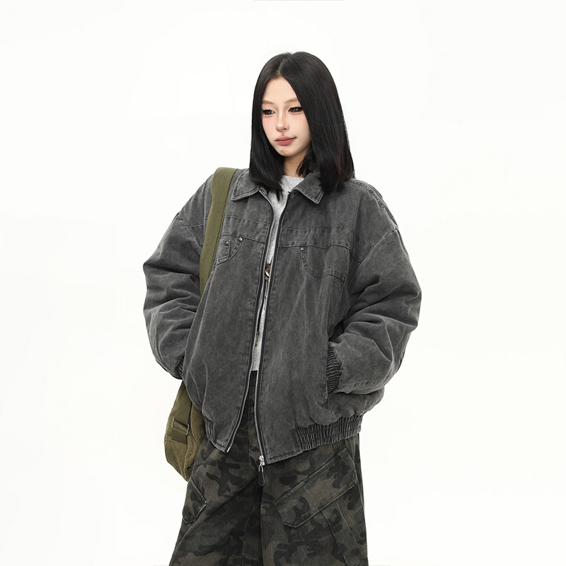 美式水洗重磅工裝棉服外套女冬季新款加棉潮牌翻領夾克