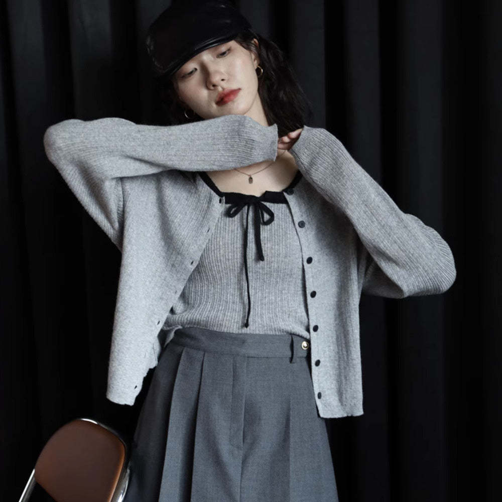 針織設計感開衫外套灰色兩件套小衫秋季新款小眾復古上衣