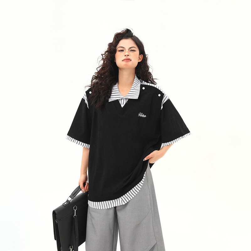 夏季新款美式復古假兩件高級感短袖T恤女學院風寬鬆上衣