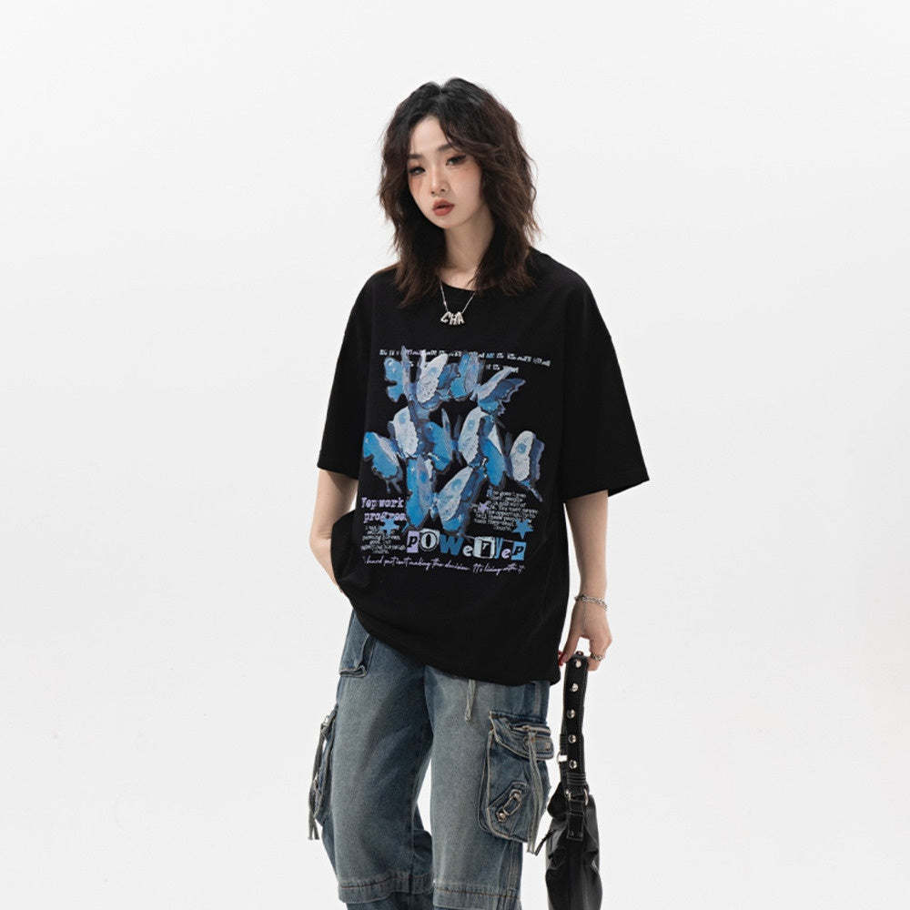 復古蝴蝶印花短袖t恤女夏季2025新款純棉國潮寬鬆半袖上衣