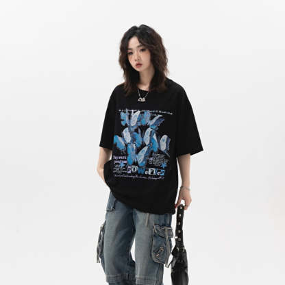 復古蝴蝶印花短袖t恤女夏季2025新款純棉國潮寬鬆半袖上衣