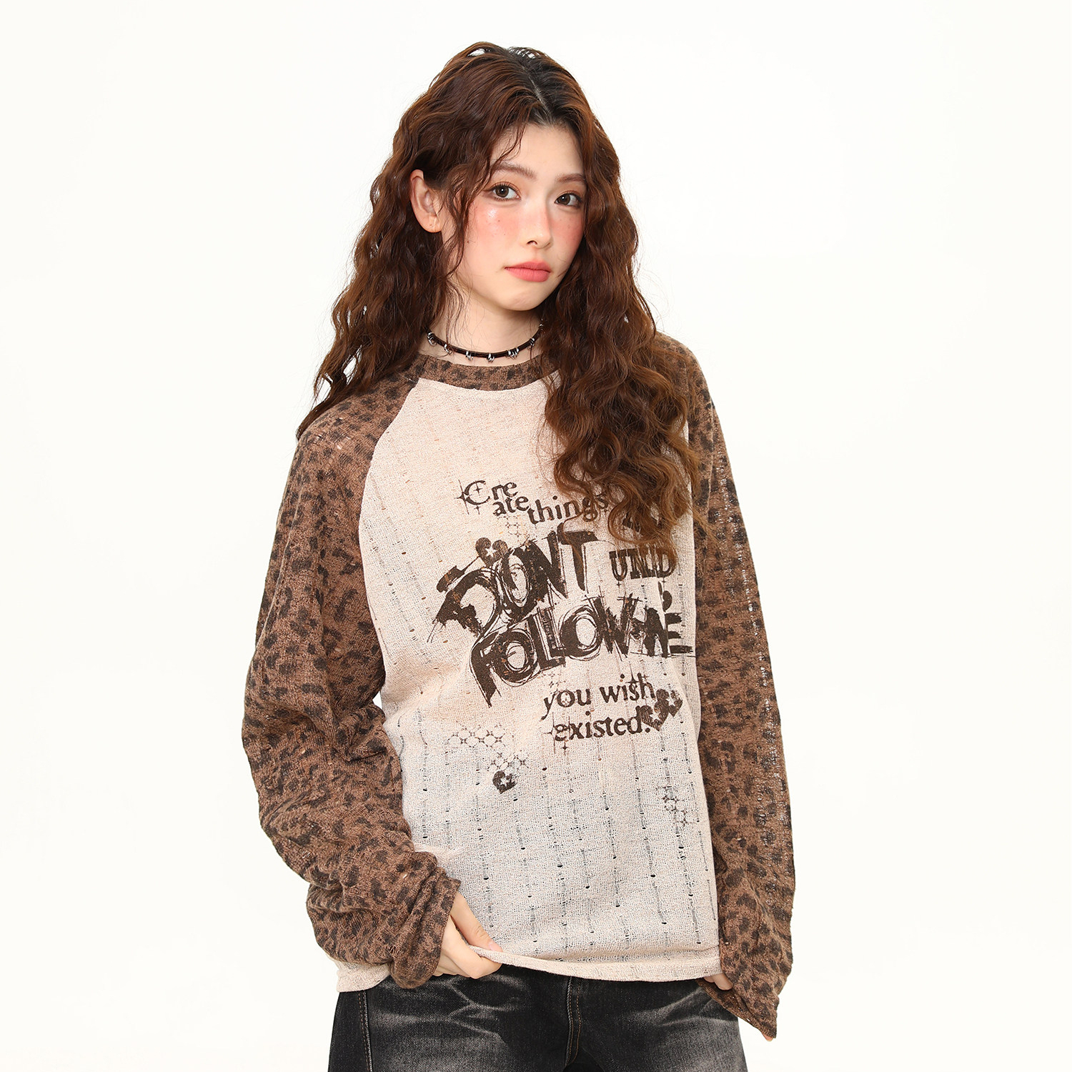 春季新款美式復古拼接撞色長袖T恤女寬鬆慵懶風防曬罩衫