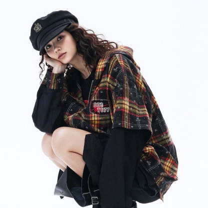 復古假兩件格子襯衫女春季2025年新款連帽燙鑽襯衣寬鬆上衣