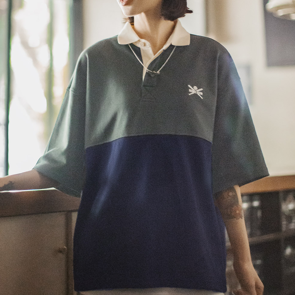 夏日美式復古拼接撞色POLO衫學院風刺繡日系寬鬆短袖T恤女