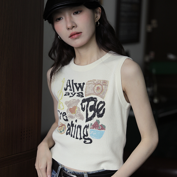 設計感小眾簡約百搭外穿無袖吊帶背心女別致塗鴉印花休閒短款