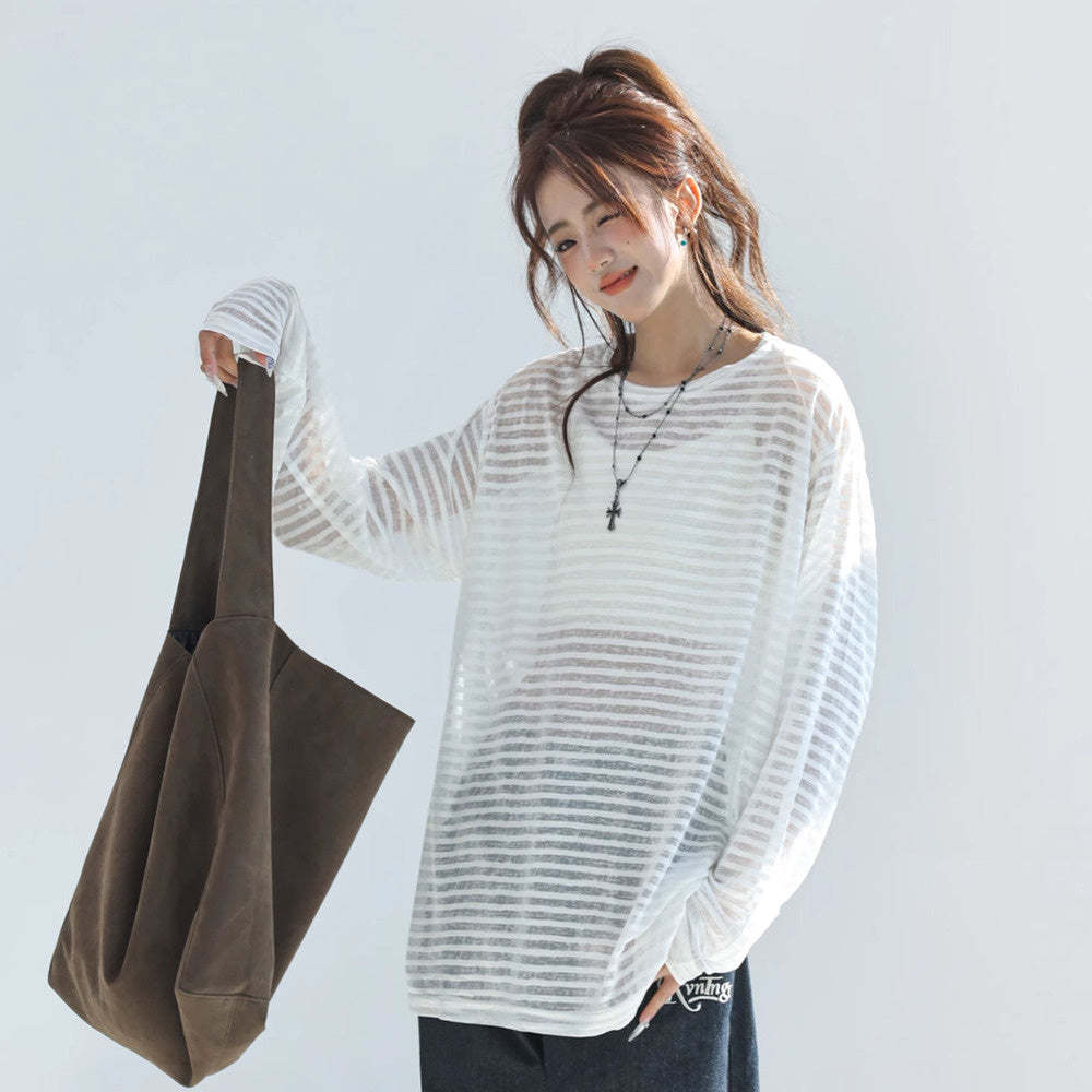 條紋長袖t恤女夏2025新款chic韓系上衣薄款防曬罩衫