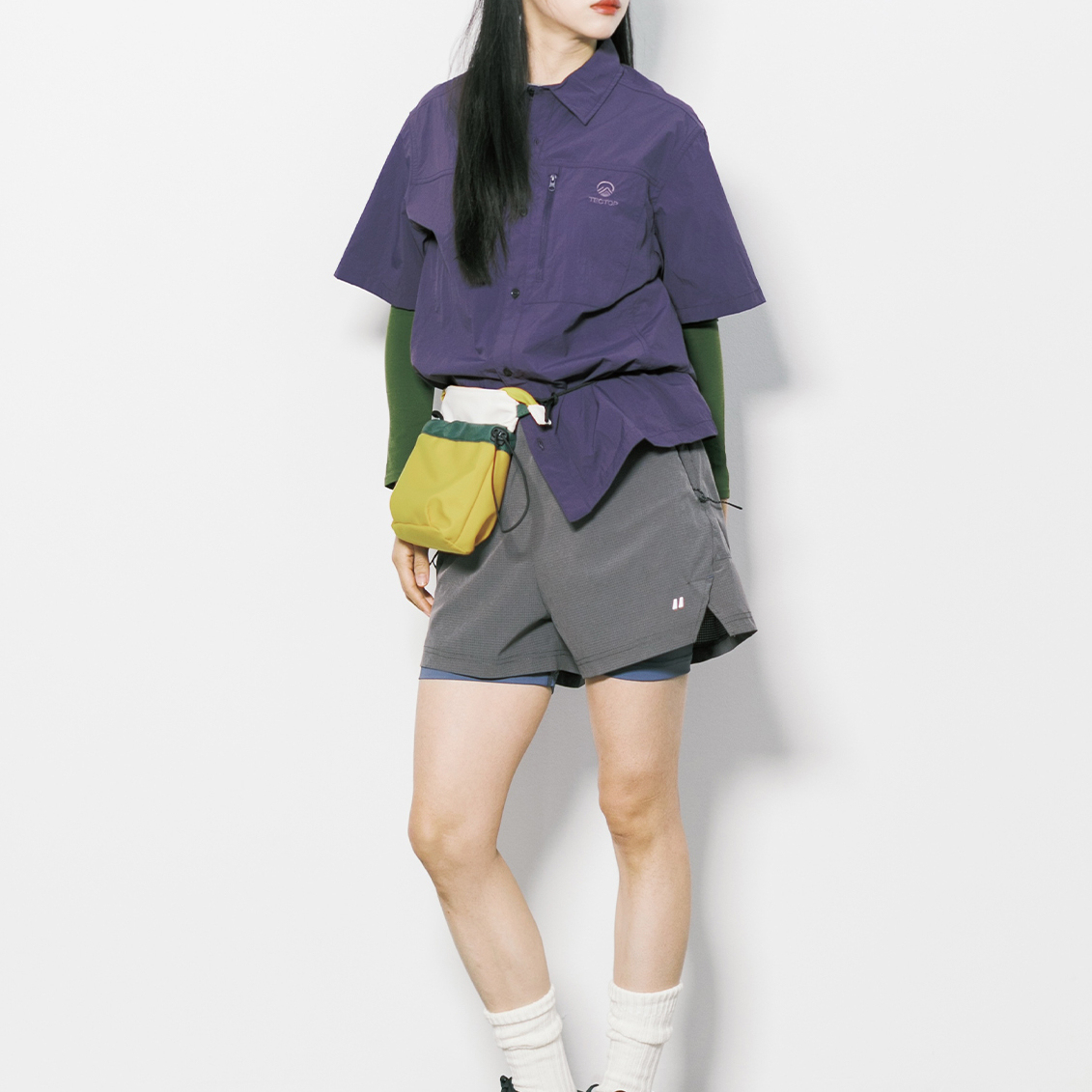 夏季戶外拼色假兩件短褲女寬鬆運動跑步速幹直筒五分休閒褲