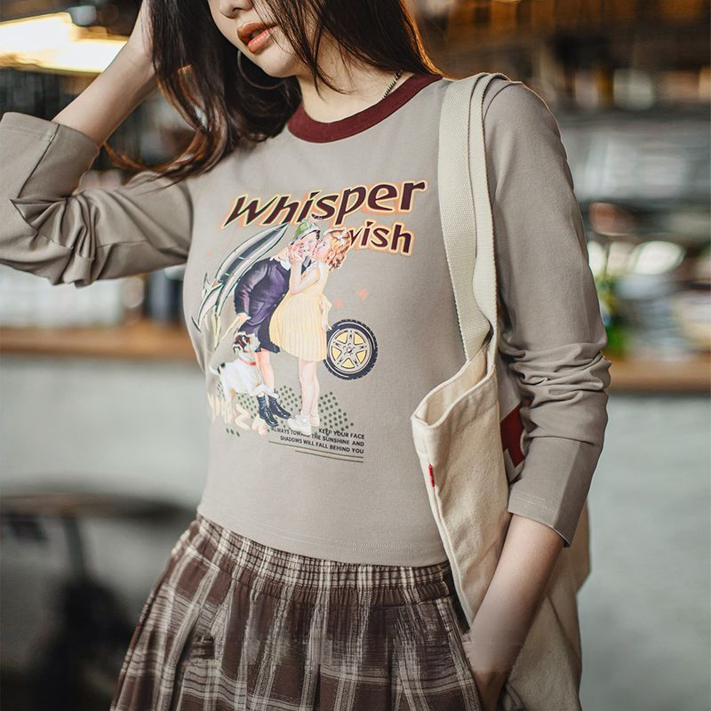 復古插畫滾邊Ringer T恤卡其綠美式機車印花長袖上衣春秋女