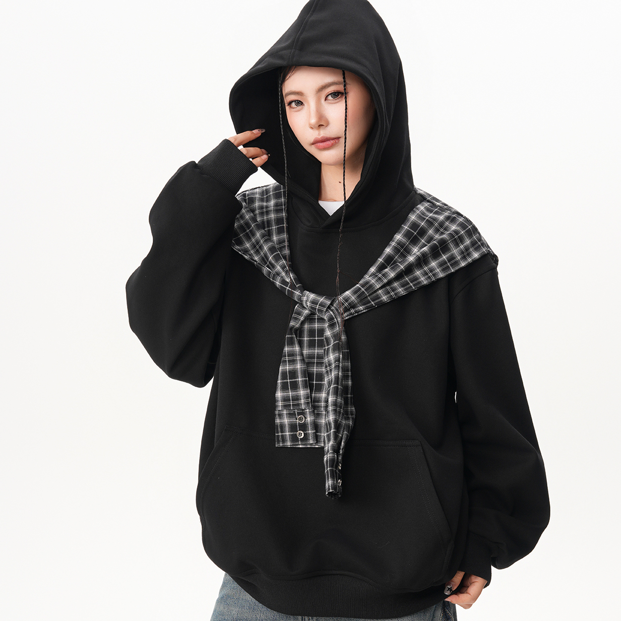 撞色格子披肩假兩件連帽衛衣女秋季小眾設計感慵懶百搭上衣
