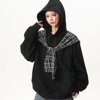 撞色格子披肩假兩件連帽衛衣女秋季小眾設計感慵懶百搭上衣