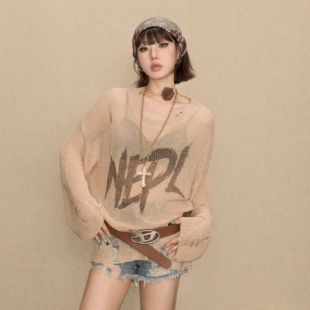 美式辣妹鏤空薄款破洞針織衫女早春新款設計感慵懶風毛衣罩衫