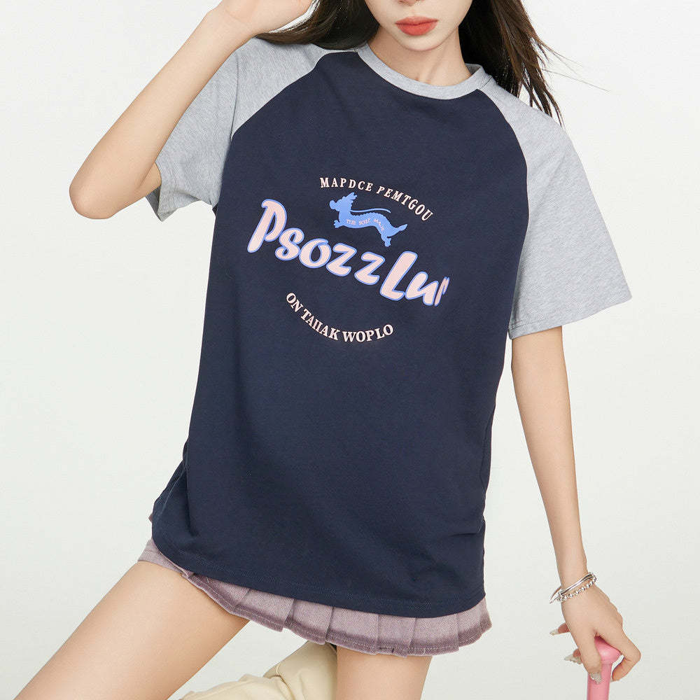 美式復古插肩短袖t恤女夏季寬鬆設計感小眾純棉正肩上衣