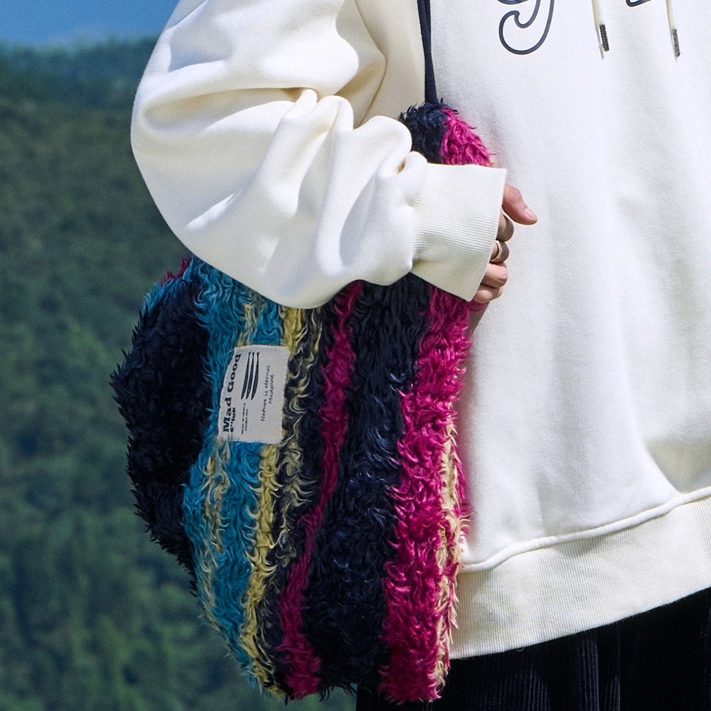 日系彩色條紋撞色短毛提花束口單雙肩包