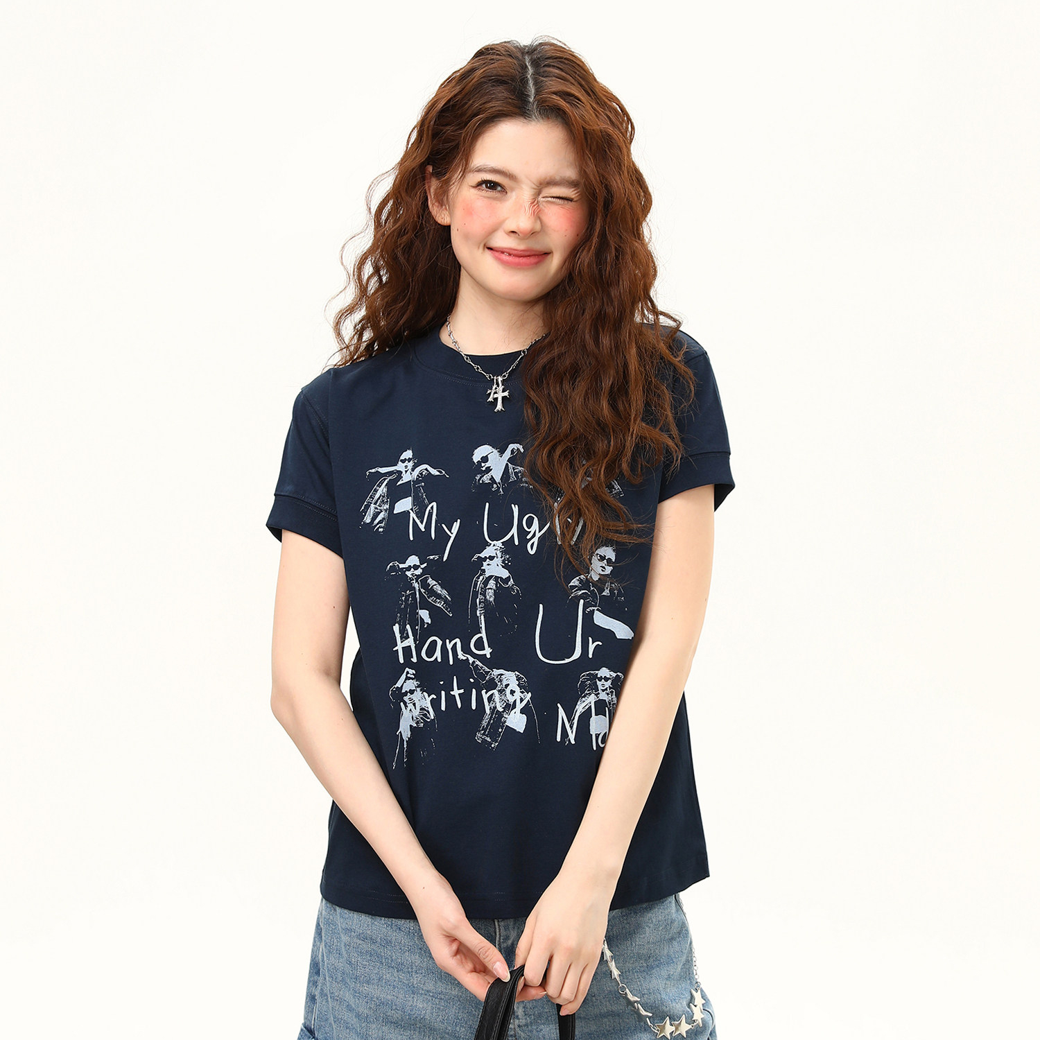 美式復古搖滾人像夏季潮流正肩短袖T恤女短寬鬆百搭上衣