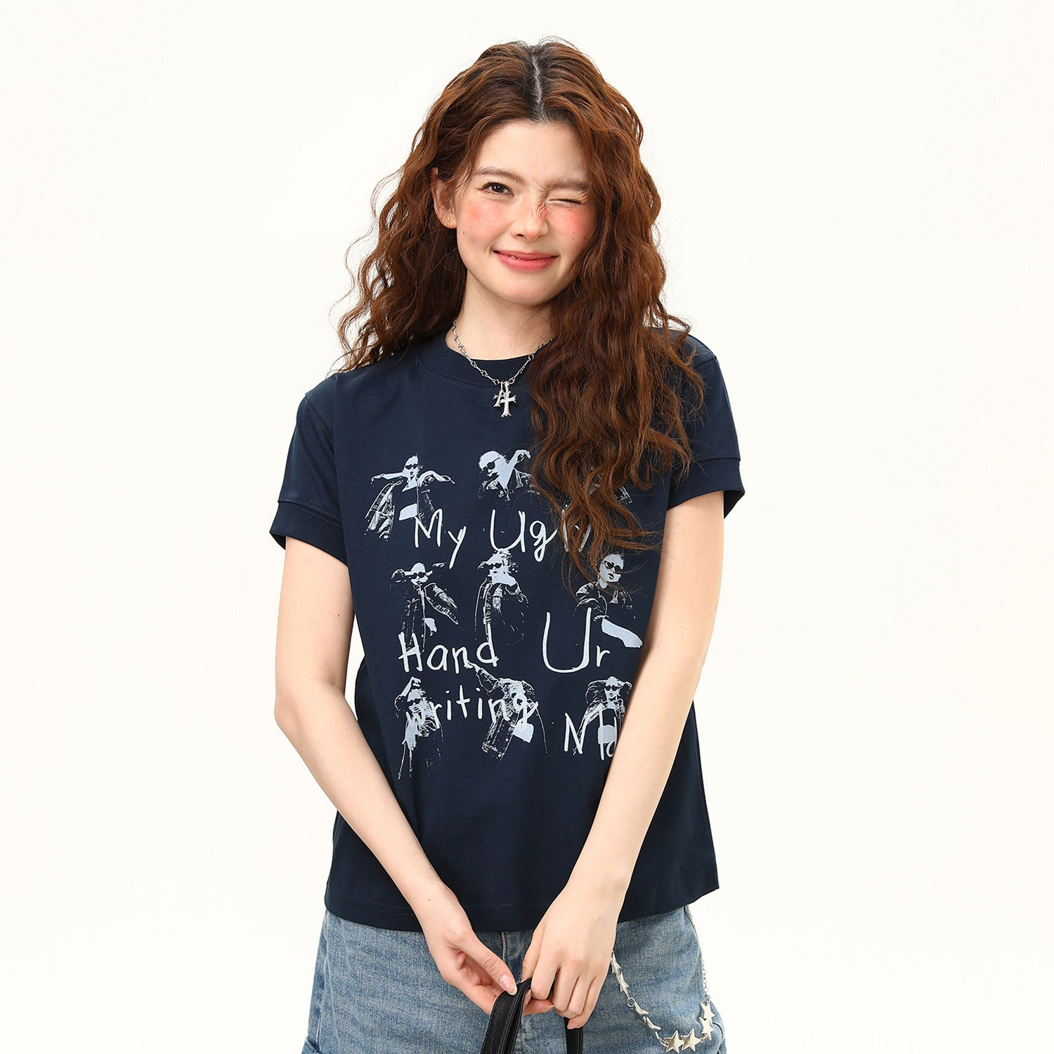 美式復古搖滾人像夏季潮流正肩短袖T恤女短寬鬆百搭上衣