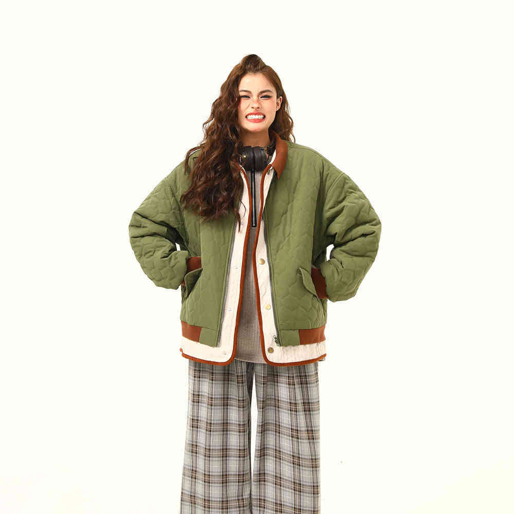 美式復古拼接夾棉棉服外套女冬季撞色氛圍感保暖棉衣