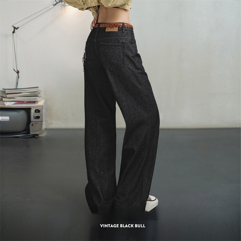 馬登女裝 美式復古黑色牛仔褲直筒休閒褲寬鬆顯瘦闊腿褲拖地長褲春秋女