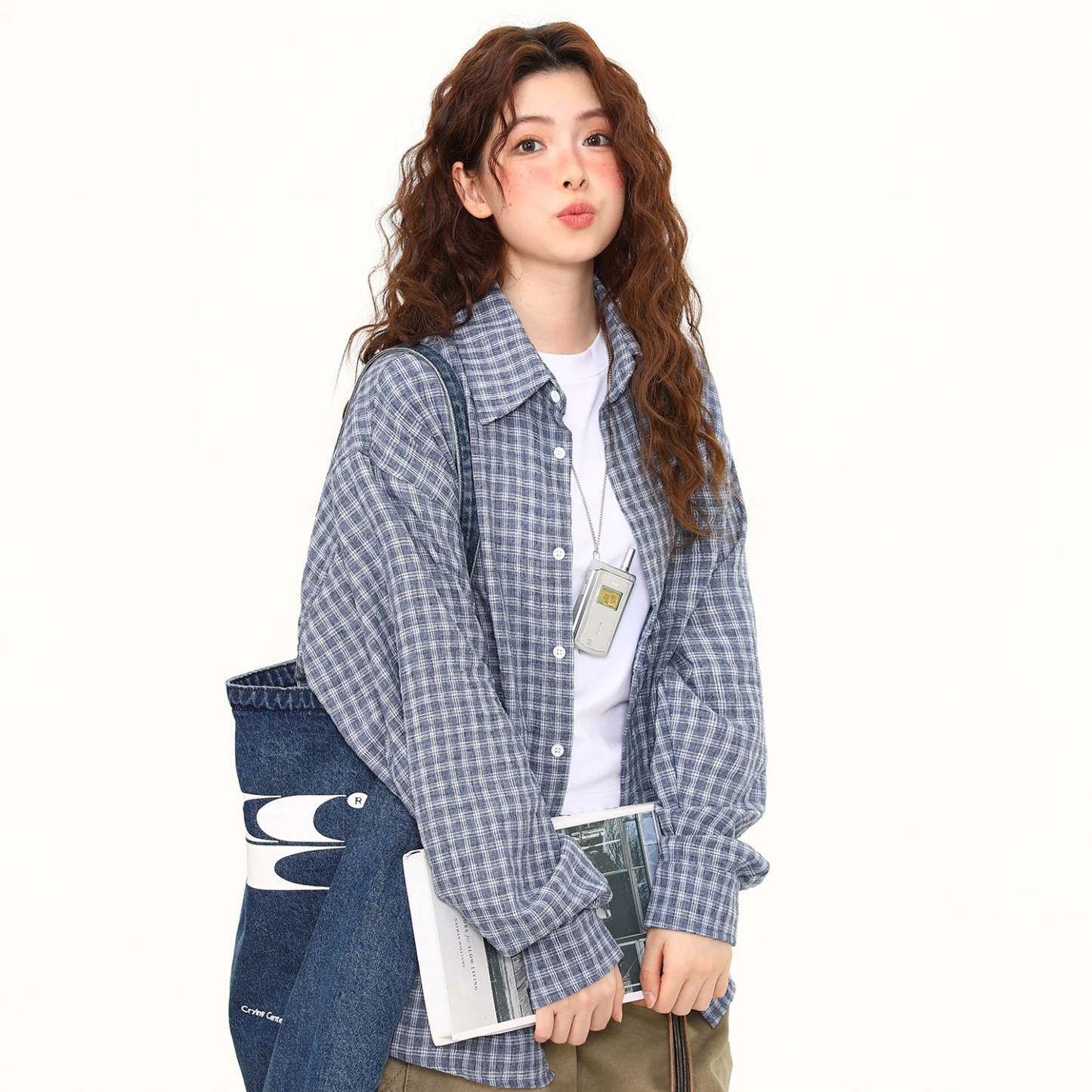 泡泡紗藍色格紋高級感長袖襯衫女春夏慵懶外穿格子襯衣女