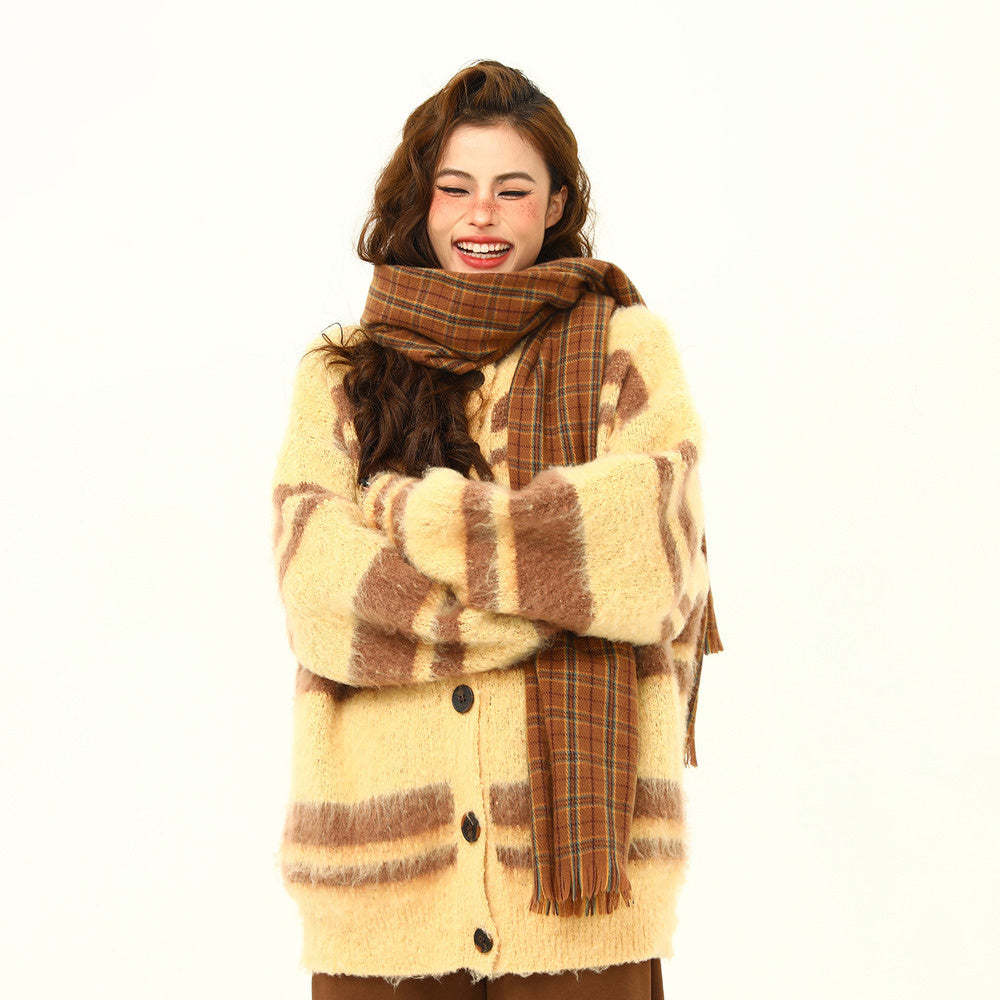 美式復古軟糯仿貂毛針織衫外套女秋冬條紋慵懶寬鬆外套