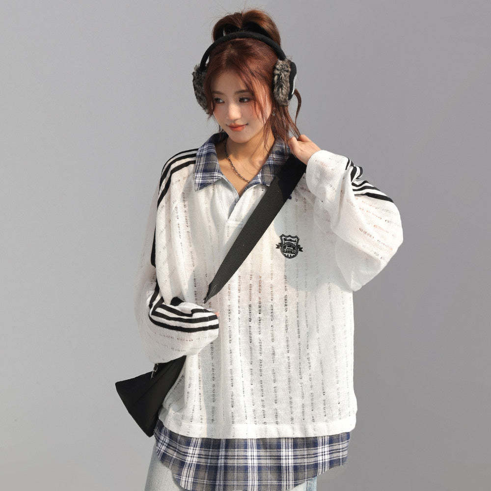 美式復古格子拼接假兩件polo衛衣女春秋鏤空長袖上衣