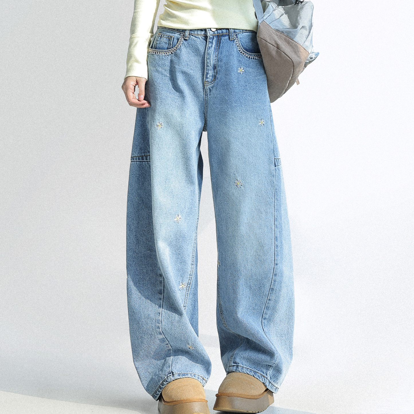 春夏新款花朵刺繡牛仔褲女闊腿寬鬆顯瘦褲子彎刀褲
