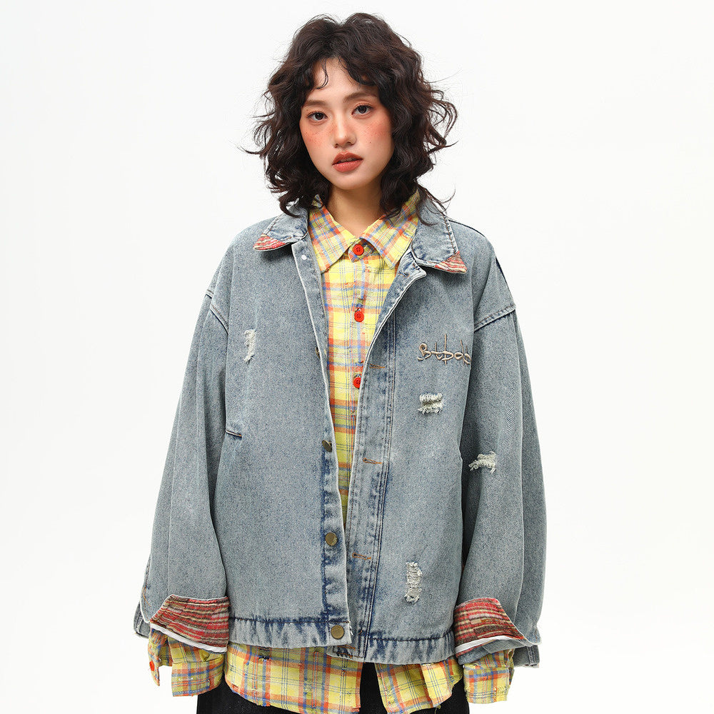 美式復古水洗牛仔外套女拼接設計感潮牌春季休閒夾克