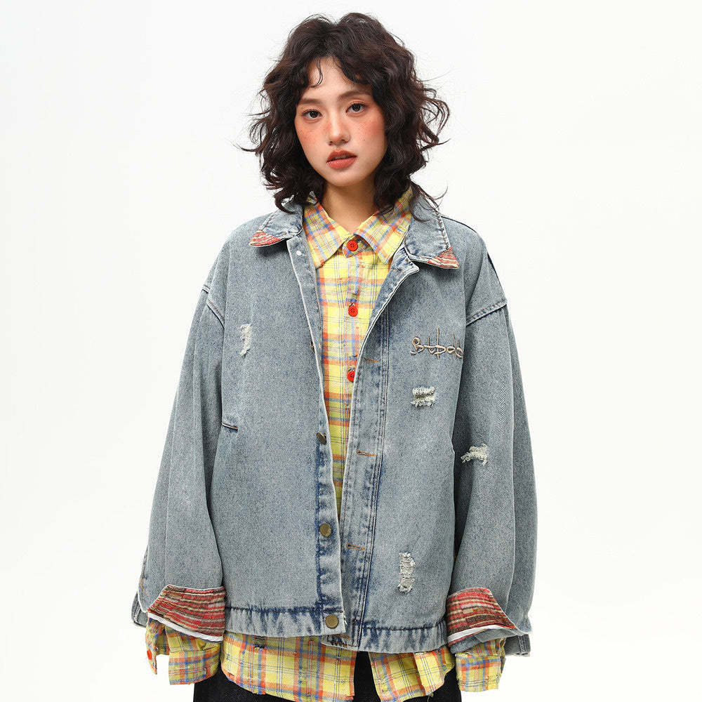 美式復古水洗牛仔外套女拼接設計感潮牌春季休閒夾克