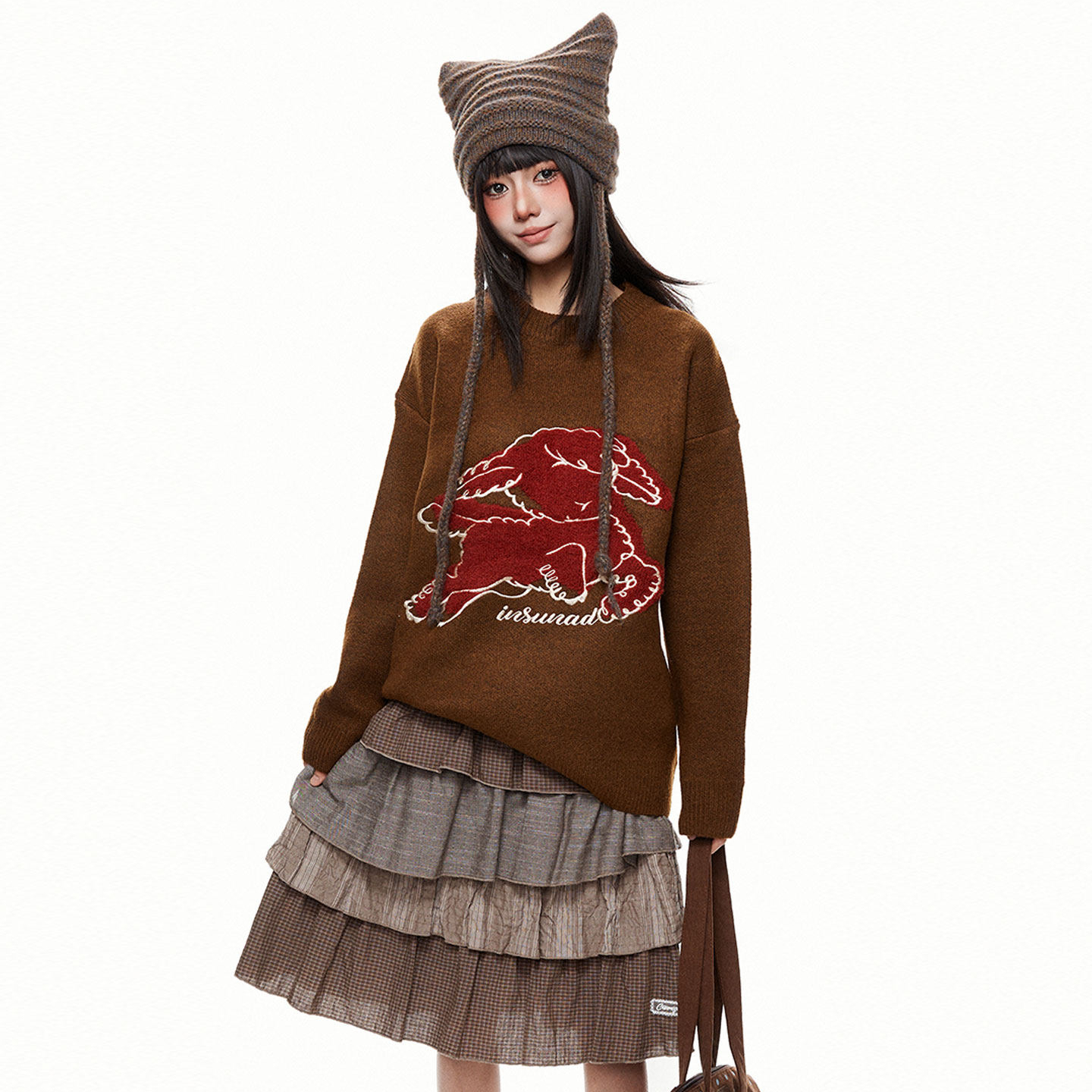 卡通可愛小羊刺繡紅色針織衫女寬鬆百搭套頭毛衣外套