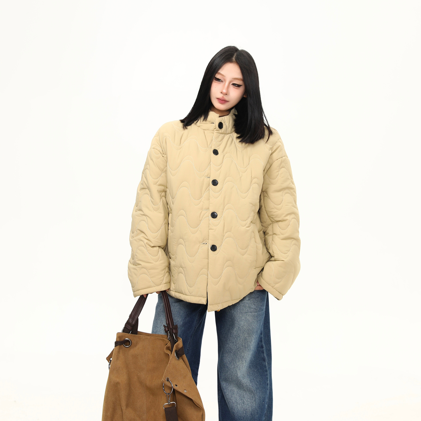 冬季紋理波浪設計感加厚棉服外套女寬鬆潮牌百搭棉衣棉襖