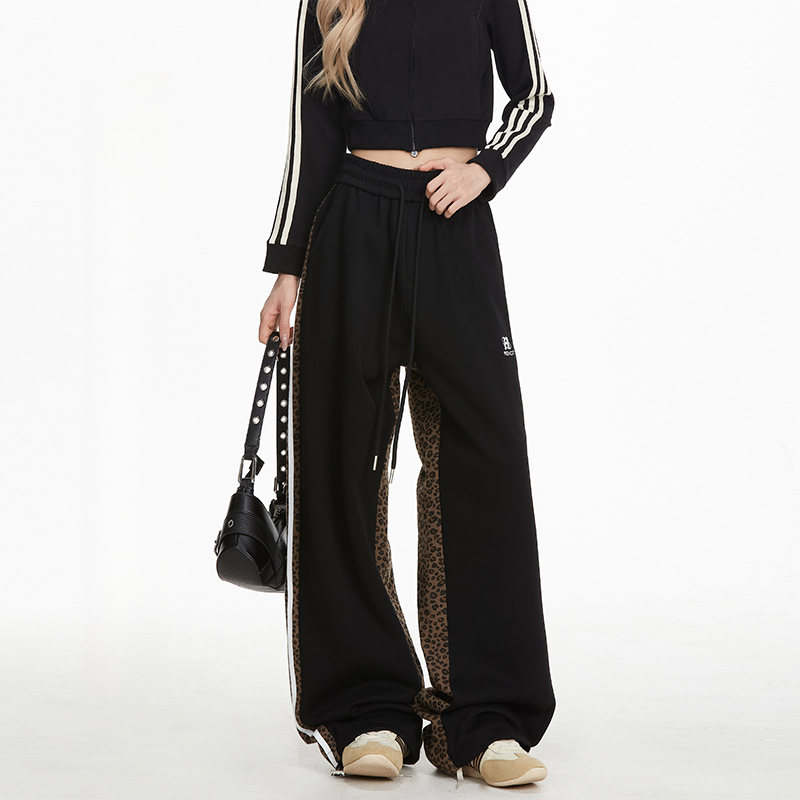 豹紋拼接衛褲女美式復古嘻哈寬鬆潮牌條紋運動直筒休閒褲