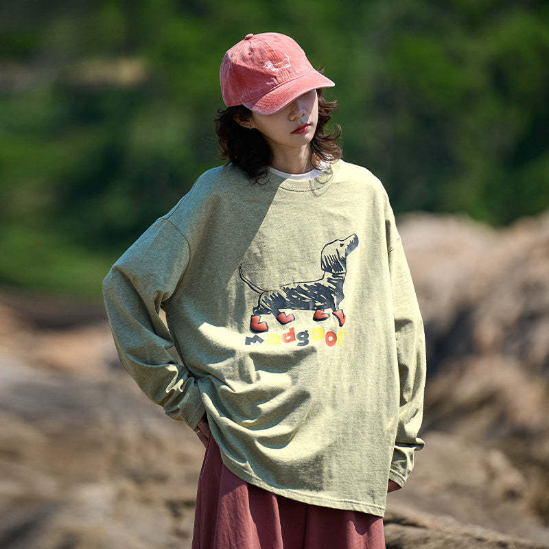 日系190克彩點棉寬鬆圓領塗鴉小狗印花長袖T恤